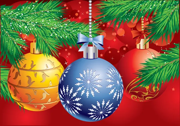 Χριστούγεννα φόντο με τρεις μπάλα και υποκατάστημα χριστουγεννιάτικο δέντρο — Διανυσματικό Αρχείο