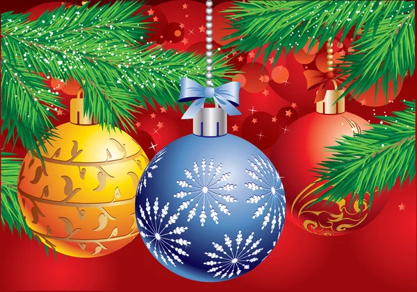 Fondo de Navidad con una rama de tres bolas y árbol de Navidad Vector De Stock