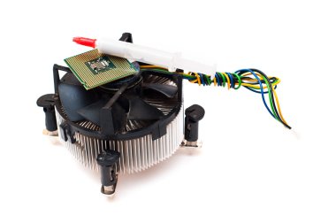 Old microprocessor and fan over white clipart