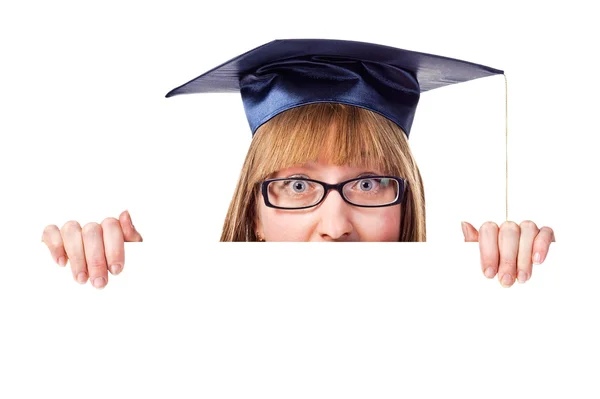 Kadın mezunu başlık sayfası görüntüleniyor — Stok fotoğraf