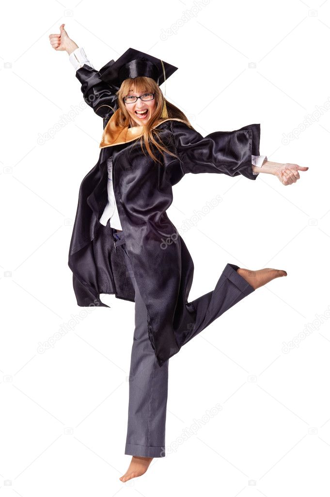 Female graduate jumping and smiling