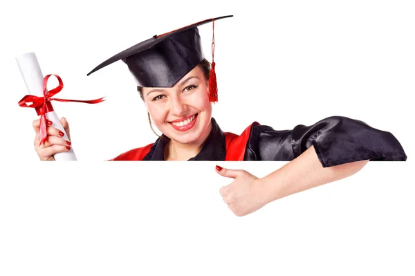 Boş bir tabela holding gülümseyen mezun öğrenci — Stok fotoğraf