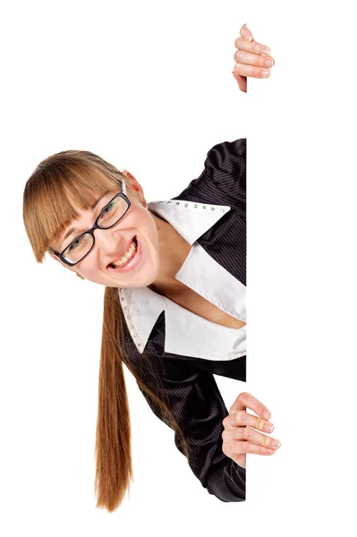 Молодая предпринимательница с плакатом — стоковое фото