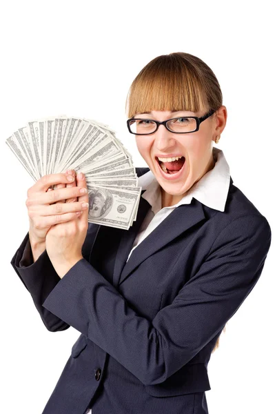 Happy businesswoman with dollars — Stock Photo, Image