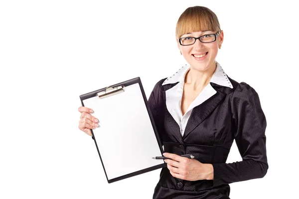 Friendly business woman holding pad and pen — стоковое фото