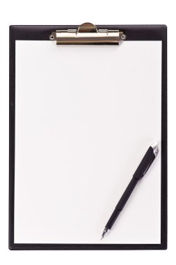 Blank black clipboard with a pen