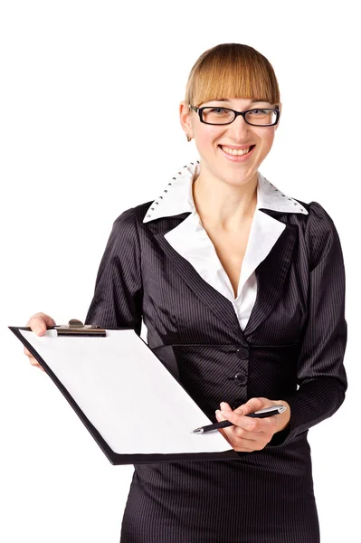 Mujer de negocios exitosa con encuadernador en blanco — Foto de Stock