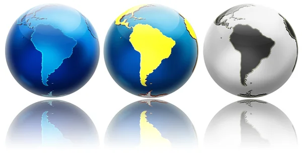 Trois différentes variations de couleurs globe Amérique du Sud — Photo