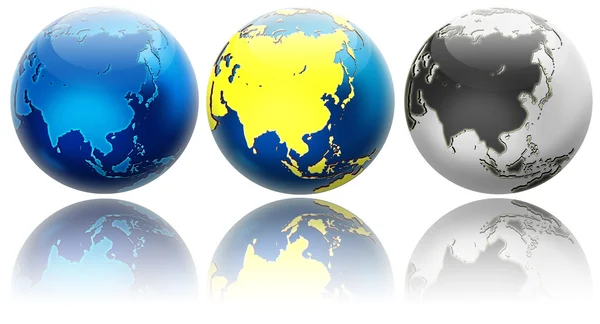 Drei verschiedene Farben Globus-Variationen Asien und Ozeanien — Stockfoto