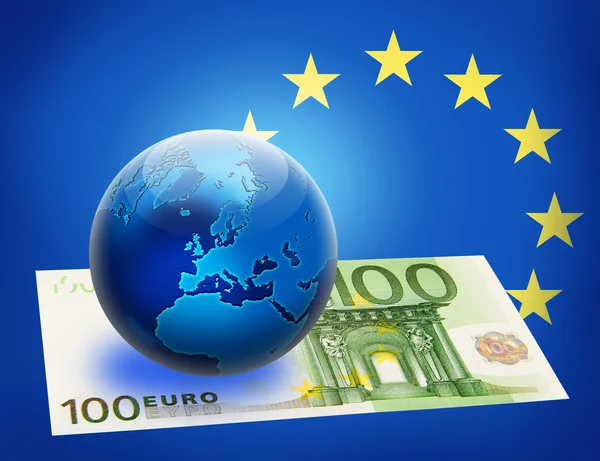 Birleşik Avrupa bayrağı ve dünya üzerinde 100 euro — Stok fotoğraf