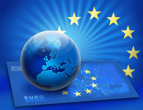 Sjednocená Evropa vlajky a zeměkoule nad mapu — Stock fotografie