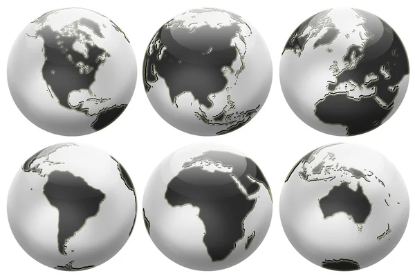 Six different positions globes isolated on white — Stock Photo, Image