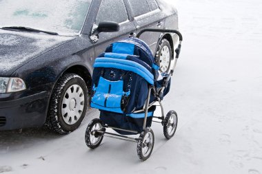 Car and baby's pram on parking clipart