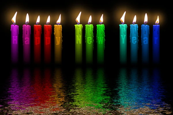 Color candles Happy New Year flooding in water — Stock Photo, Image
