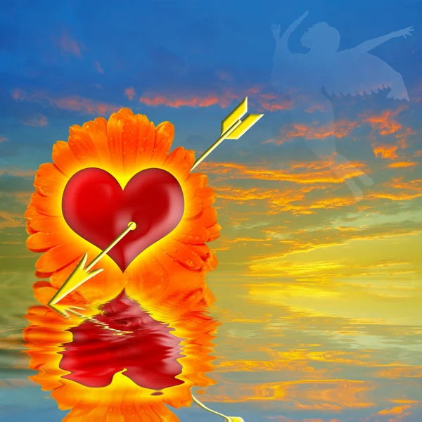Corazón rojo en el centro flor naranja y flecha — Foto de Stock