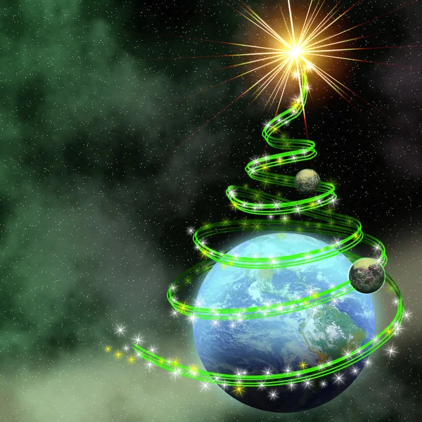 Earth with abstract christmas tree spiral — Stock Photo, Image