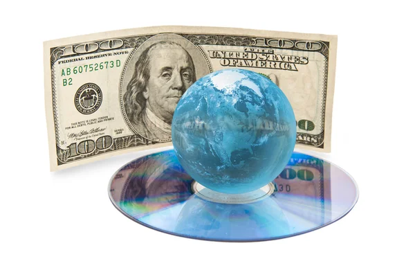 Küre ve dolarlık banknot ile kompakt disk — Stok fotoğraf