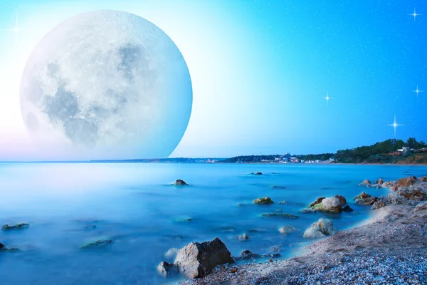 Abstract landscape with moon on sea cost — Stock Photo, Image