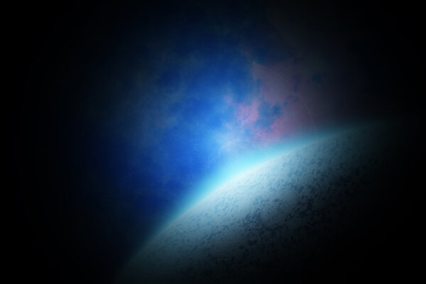 Abstract space landscape with planet and sunrise
