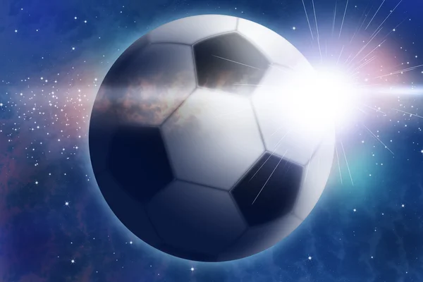 Abstract space landscape with football and sunrise — Stock Photo, Image