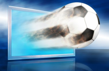 Football ball go out through blue screen. clipart