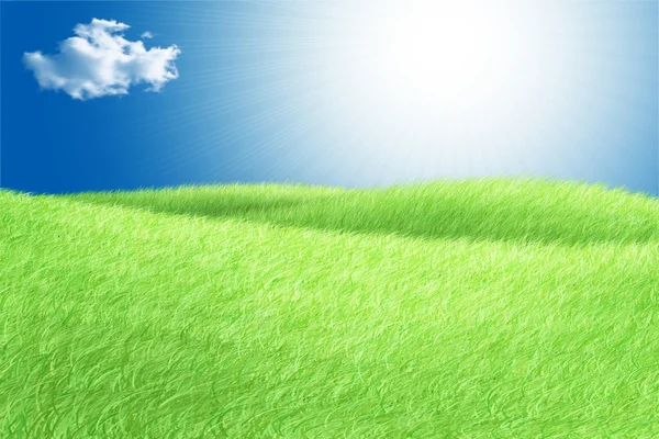 Green field blue sky white cloud and sun rays — Stock Photo, Image