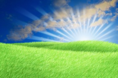 Green field blue sky white cloud and sun rays. clipart