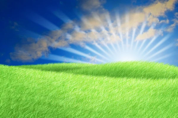 Green field blue sky white cloud and sun rays. — Stock Photo, Image