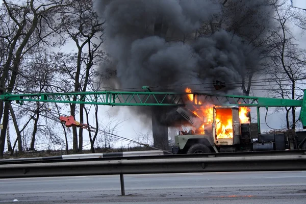 stock image Fire in truck on the road