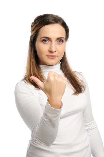 Young girl shows one finger — Stock Photo, Image