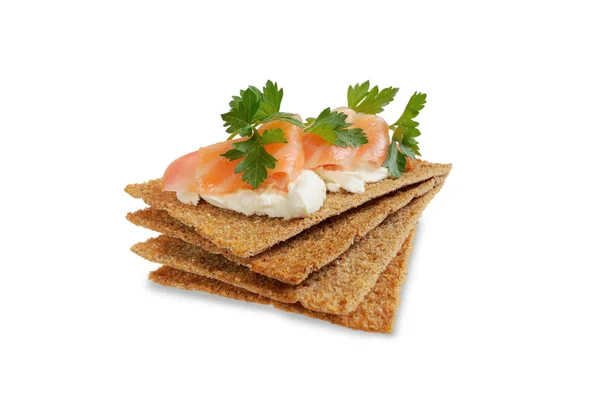 stock image Snack. Bread with feta cheese and salmon.