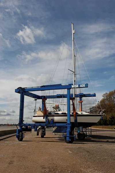 stock image Sailboat in a Boat Lift