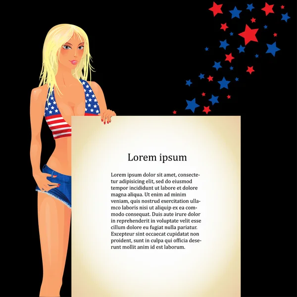 Afiş, ABD bayrağı sütyen giymiş güzel genç sarışın kadınla — Stok Vektör