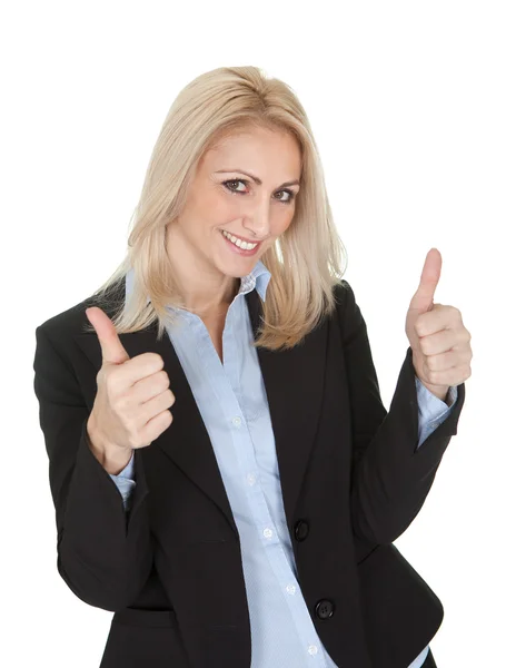 Beautilful zakenvrouw een overwinning gebaar maken — Stockfoto