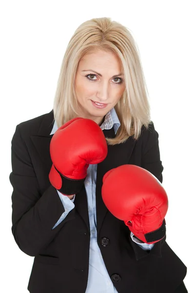 Beautiful businesswomen posing with boxing gloves — Stock Photo, Image