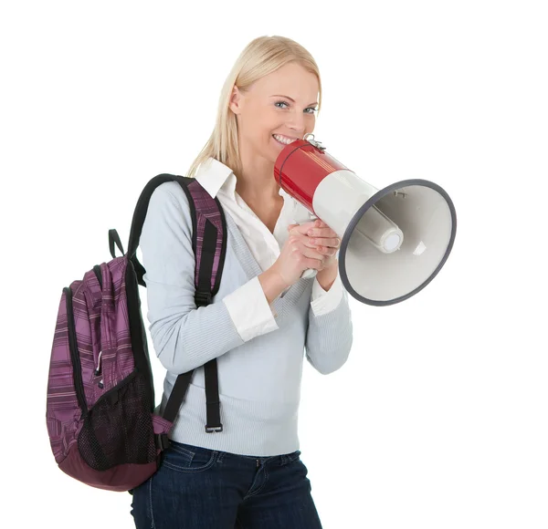 Menina estudante bonita gritando em megafone — Fotografia de Stock