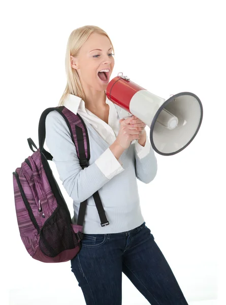 Menina estudante bonita gritando em megafone — Fotografia de Stock