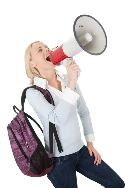 Mooie student meisje schreeuwen in megafoon — Stockfoto