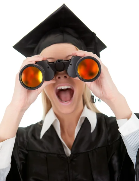Estudante olhando através de binóculos — Fotografia de Stock