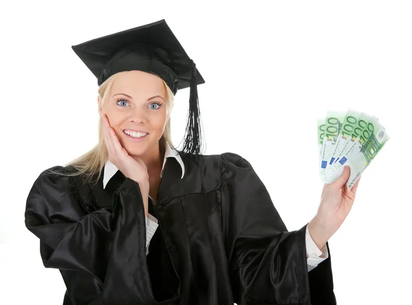Kadın bir yüksek lisans öğrencisi holding para — Stok fotoğraf