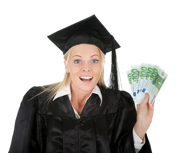 Feminino estudante de graduação segurando dinheiro — Fotografia de Stock