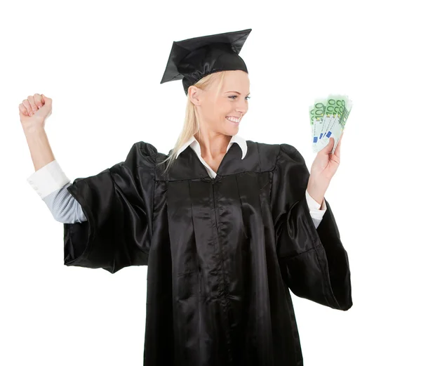 Estudiante graduada sosteniendo dinero —  Fotos de Stock