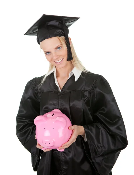 Estudiante graduada sosteniendo a Piggybank — Foto de Stock