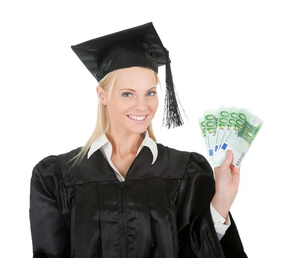 Kobieta absolwent gospodarstwa pieniądze — Zdjęcie stockowe