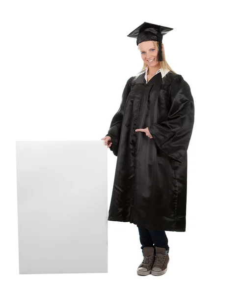 Boş tahta sunulması kadın yüksek lisans öğrencisi — Stok fotoğraf