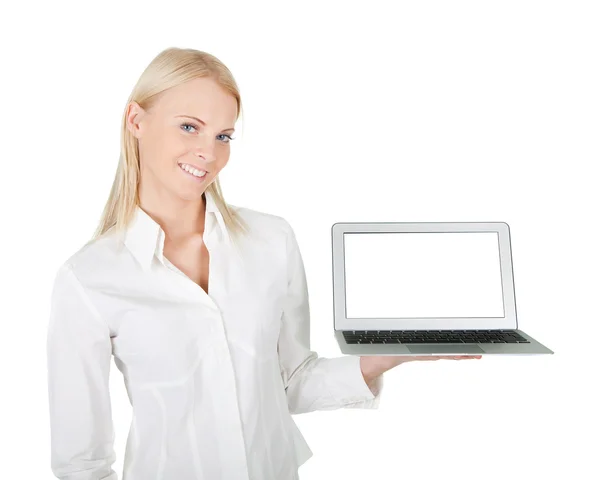 Mujer de negocios presentando portátil — Foto de Stock