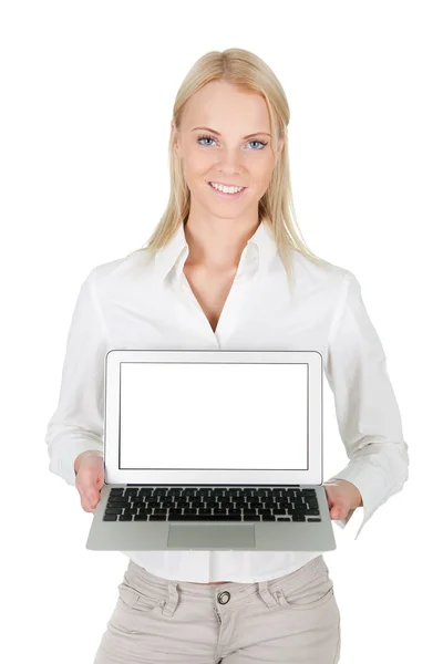 Mulher de negócios apresentando laptop — Fotografia de Stock