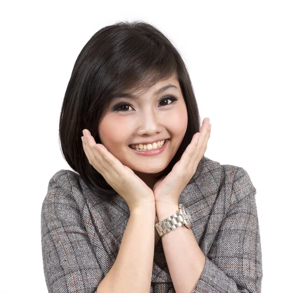 Jovem feliz sorrindo surpreso mulher de negócios — Fotografia de Stock
