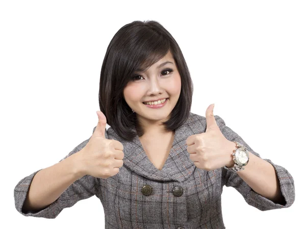 Pretty young businesswoman thumbs up — Stock Photo, Image