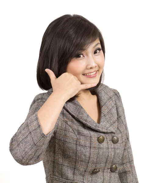 Молодая деловая женщина делает жест вызова — стоковое фото